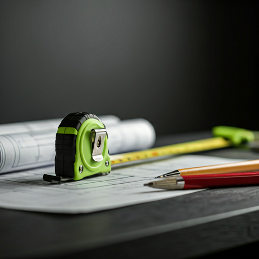 A close-up shot of professional construction tools and architectural blueprints resting on a clean, dark charcoal workbench. A bright lime-green measuring tape provides a stark color contrast. The lighting is crisp and focused, emphasizing the textures of the tools and the precision of the plans, conveying a sense of expert craftsmanship and meticulous planning.