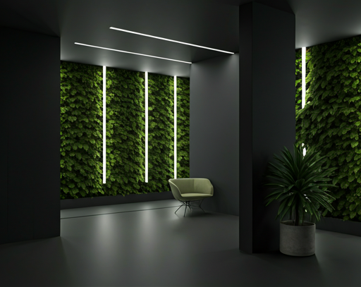 A modern, high-contrast architectural space featuring clean lines and a minimalist aesthetic. The lighting is bright and high-key, highlighting pristine white surfaces and deep charcoal structural elements. Subtle hints of vibrant green foliage soften the strict geometry, reflecting the brand's professional yet energetic tone.