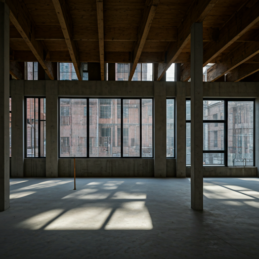 A wide architectural shot of a modern, high-end interior renovation under construction. Sunlight streams through large industrial windows, illuminating raw concrete walls, steel beams, and exposed wood structures. The scene balances the ruggedness of construction with a clean, precise, and professional aesthetic. Deep shadows contrast with bright highlights, reflecting a premium, expert building environment.